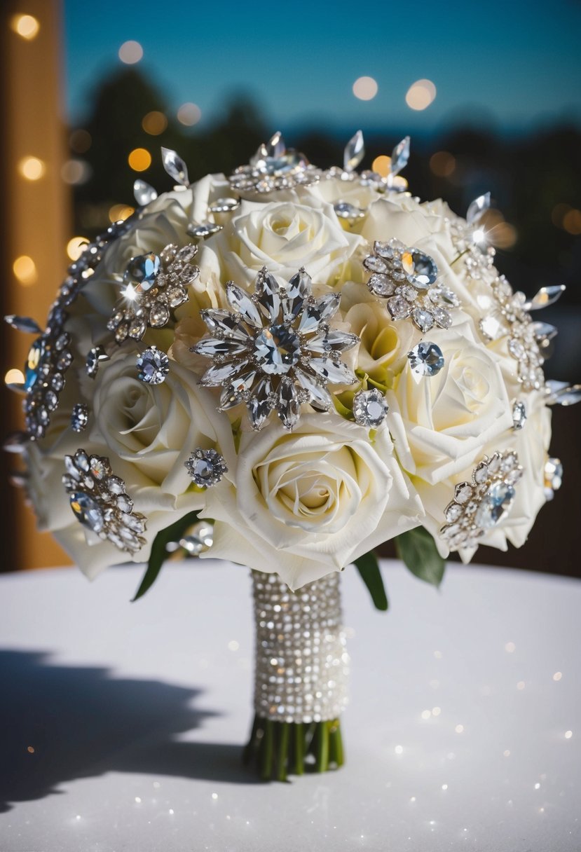 A sparkling wedding bouquet with crystal embellishments catches the light, creating a glittering display of elegance and romance