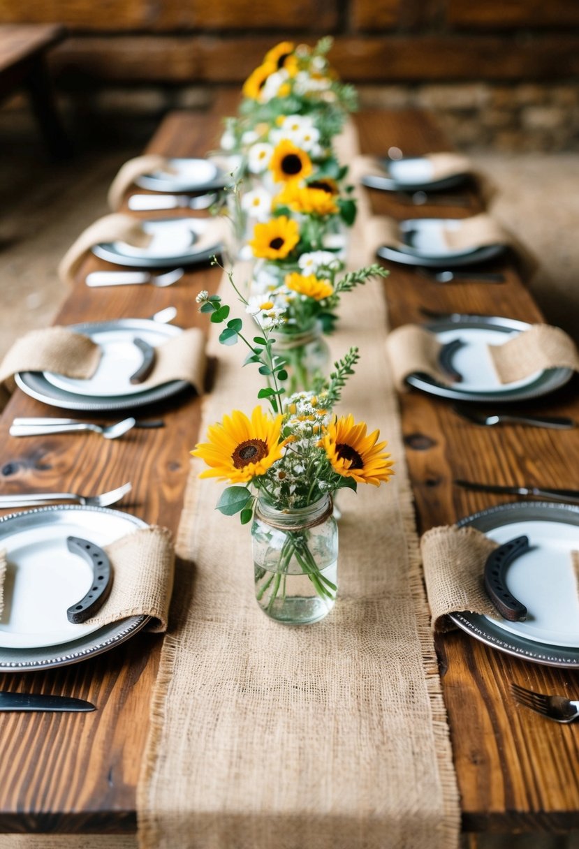 Rustic barn table set with horseshoe napkin rings, burlap runners, and wildflower centerpieces