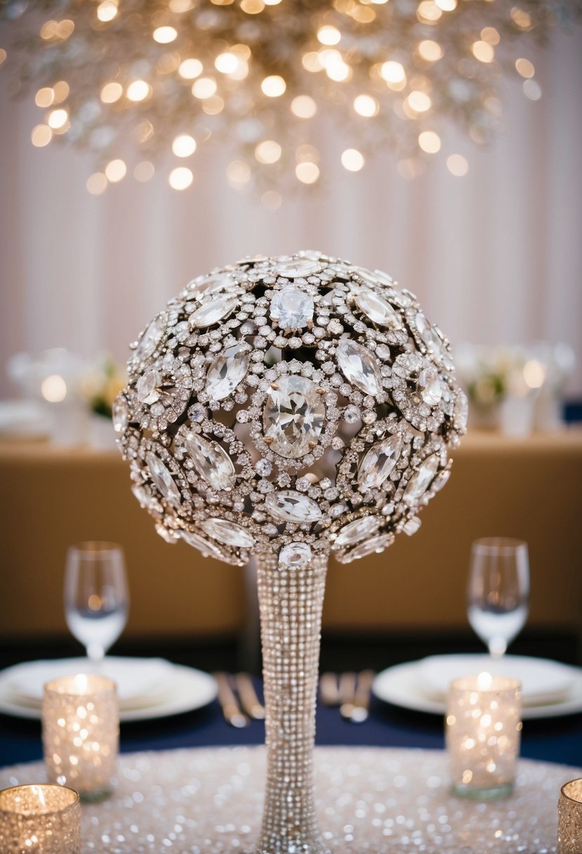 A sparkling brooch bouquet stands tall as a centerpiece, surrounded by glittering wedding bouquet ideas