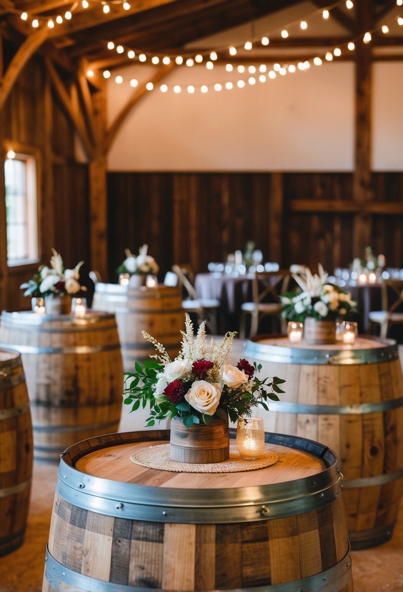 Wooden barrel cocktail tables adorned with rustic floral centerpieces at a charming barn wedding