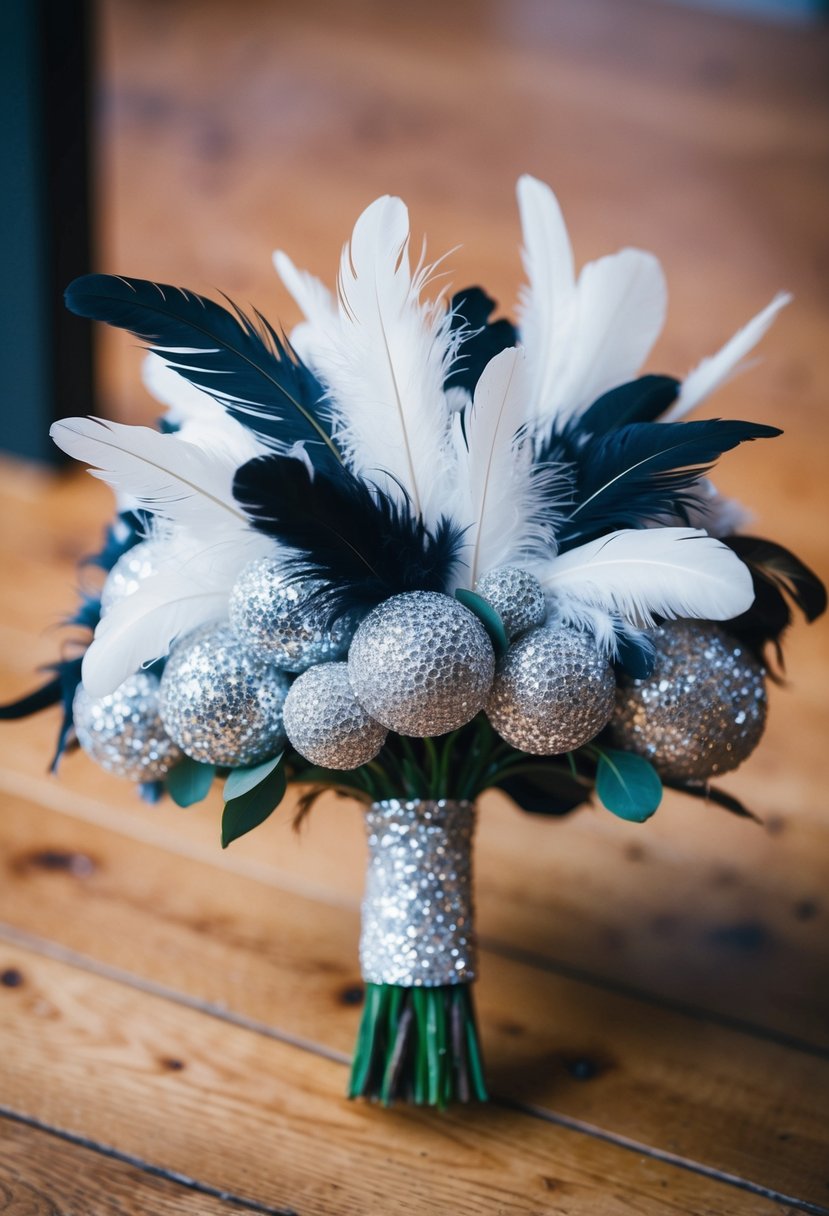 A glittering wedding bouquet adorned with feathers for a unique and textured look