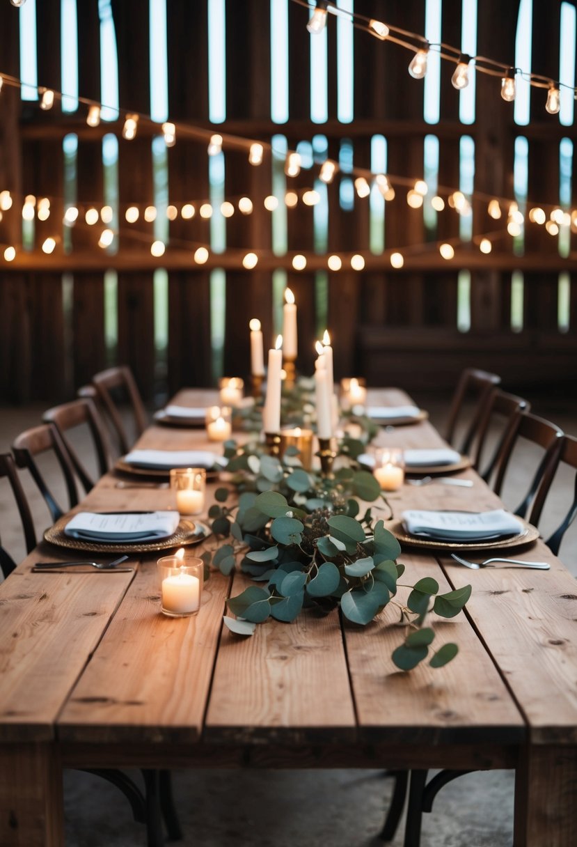 A rustic barn table adorned with eucalyptus garlands and soft candlelight