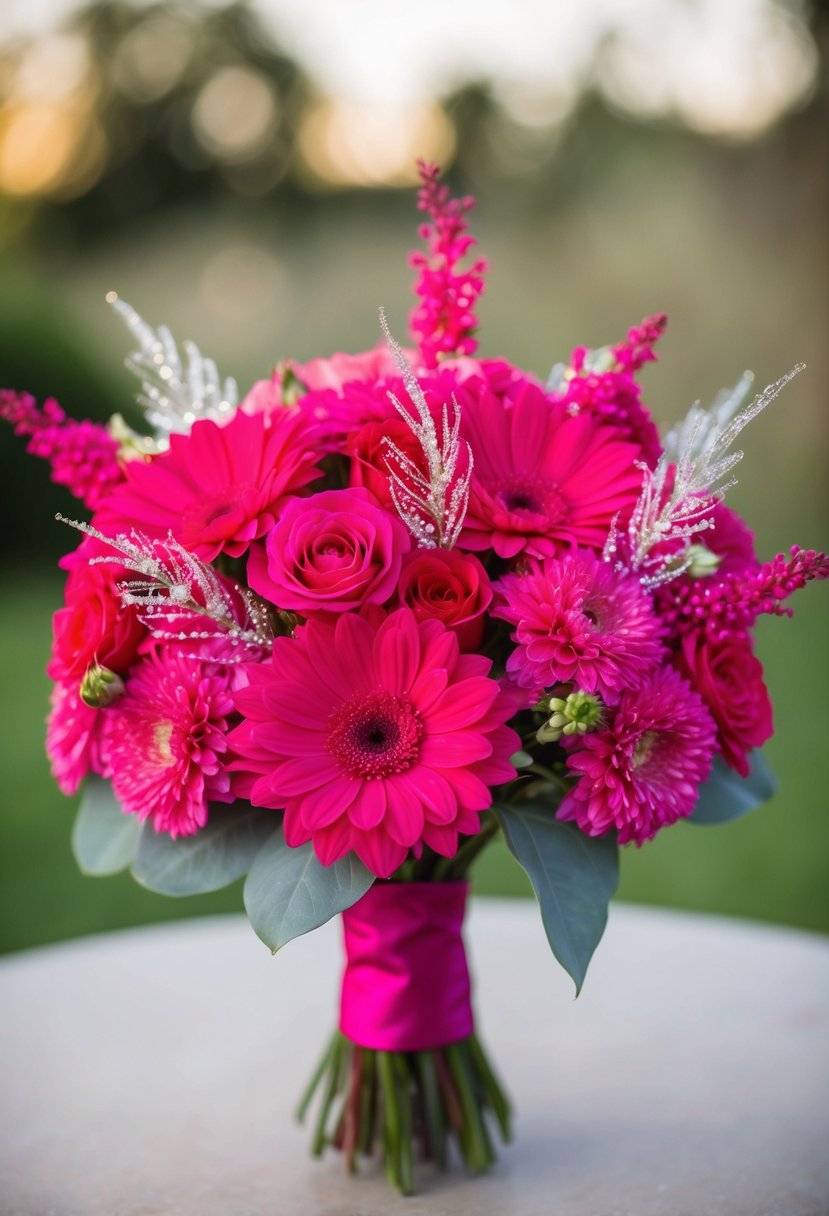 A vibrant wedding bouquet of hot pink and fuschia flowers with glitter accents