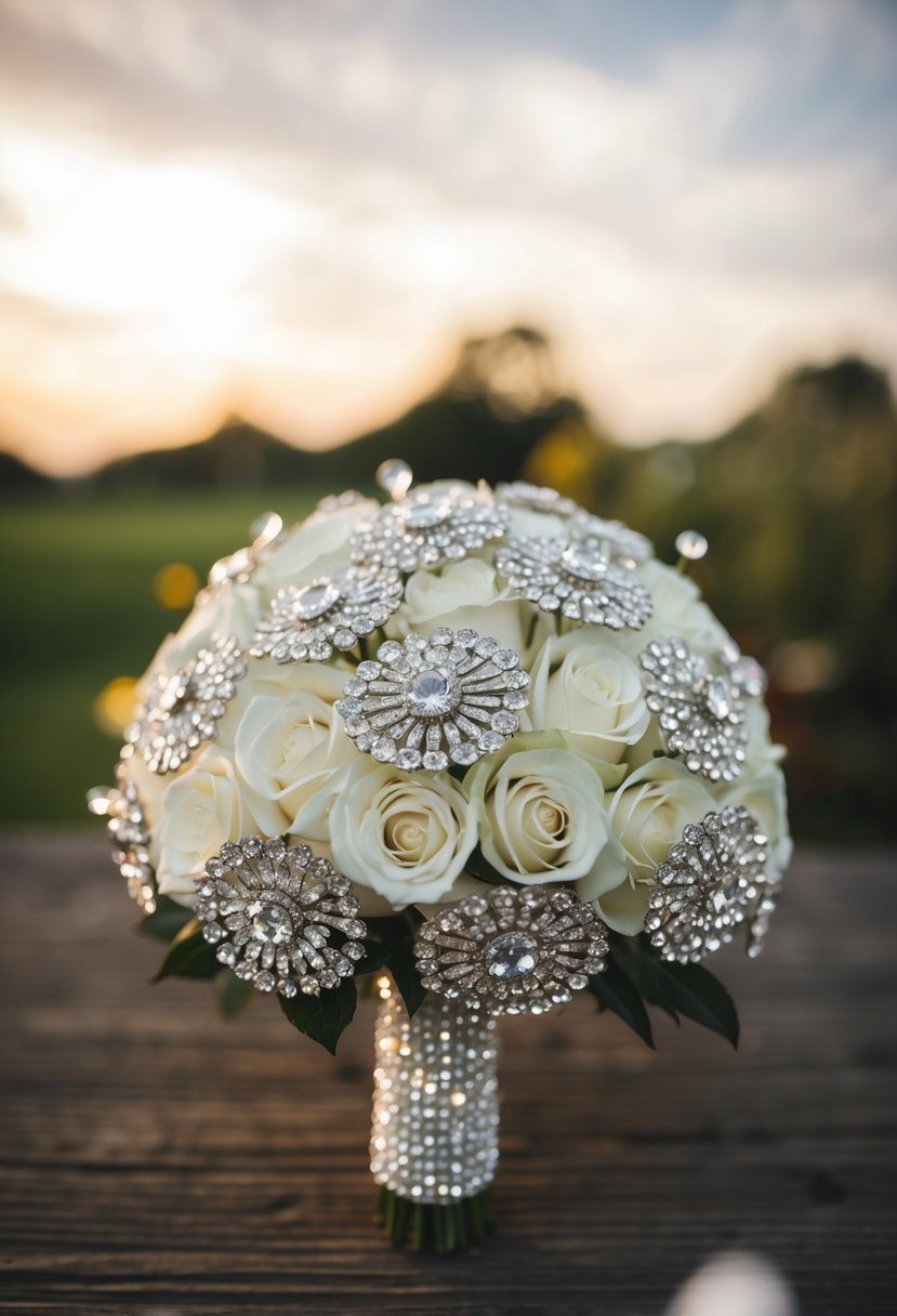 A glittering wedding bouquet with a rhinestone buckle accent