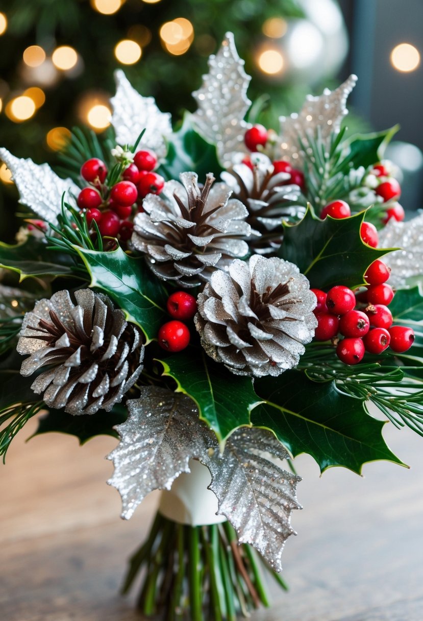 A sparkling Christmas-themed wedding bouquet with glittery pinecones, silver holly leaves, and red berries