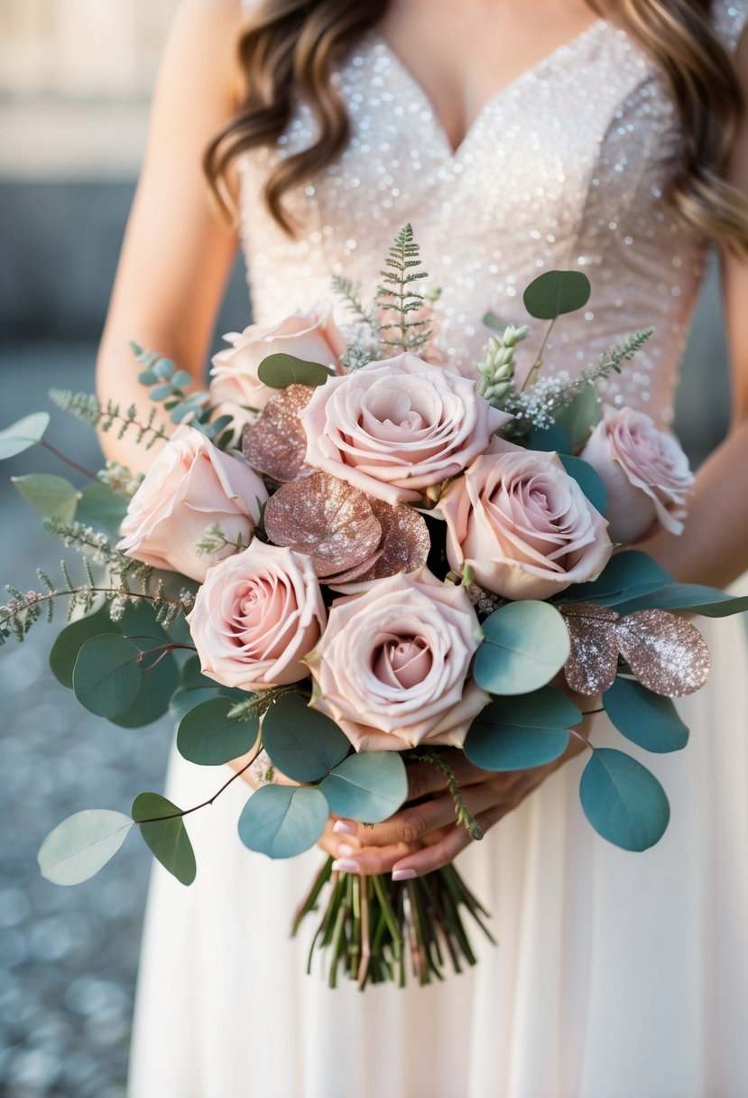 A delicate blush and glittery wedding bouquet with roses and eucalyptus, catching the light