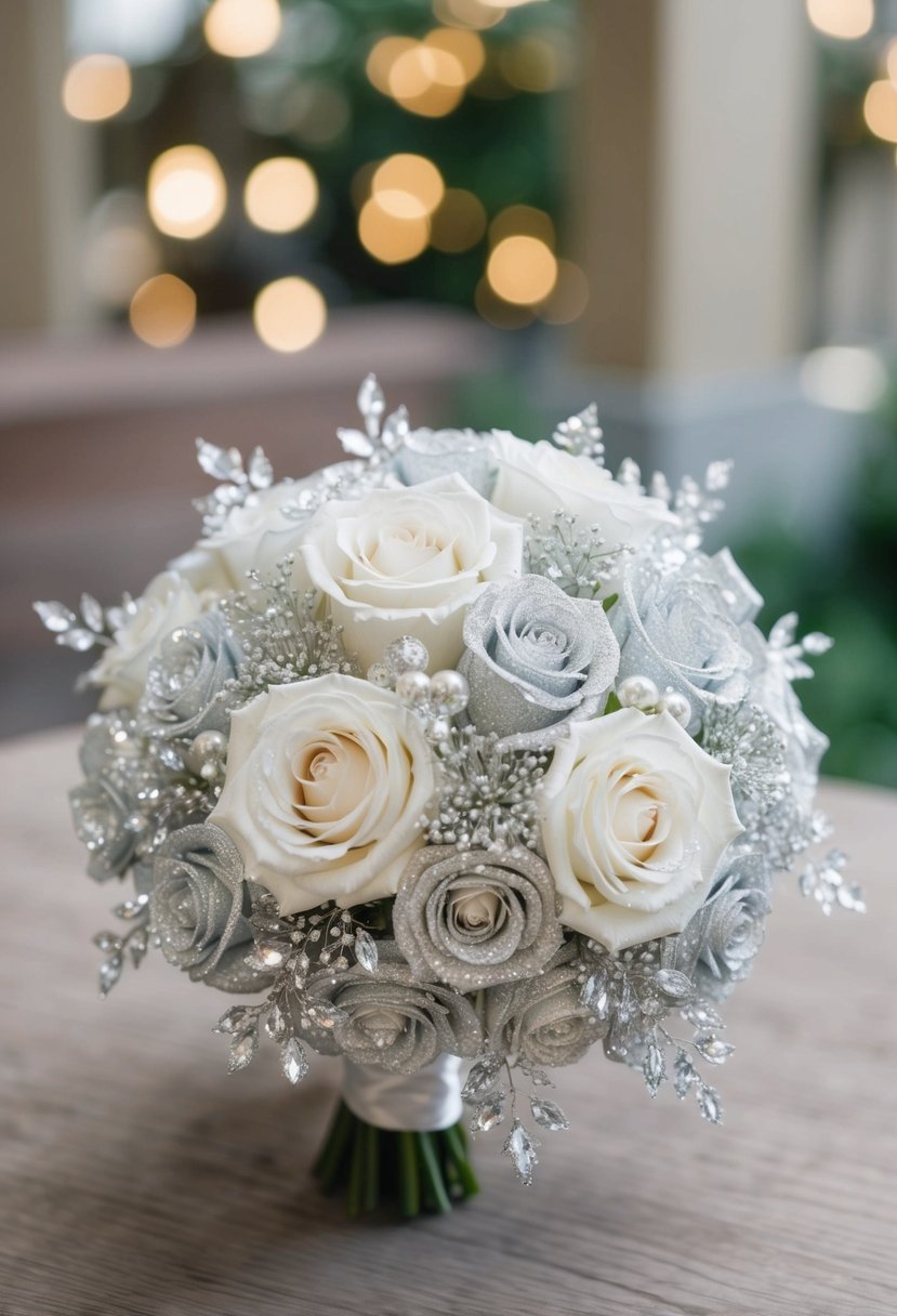 A sparkling wedding bouquet in custom Davids Bridal colors, featuring glittering roses and delicate silver accents