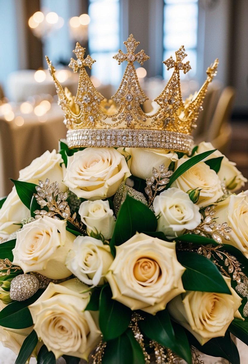 A sparkling gold crown sits atop a lavish wedding bouquet, adding a regal touch to the glittering arrangement