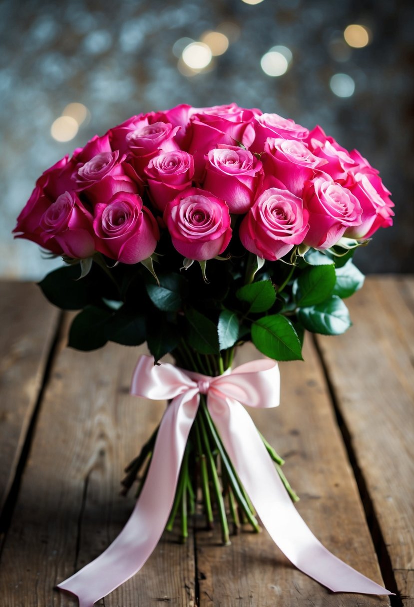 A lush bouquet of pink roses, tied with satin ribbon, sits on a rustic wooden table