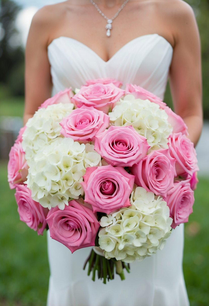 A bouquet of bridal pink roses and white hydrangeas arranged in a delicate and elegant wedding bouquet