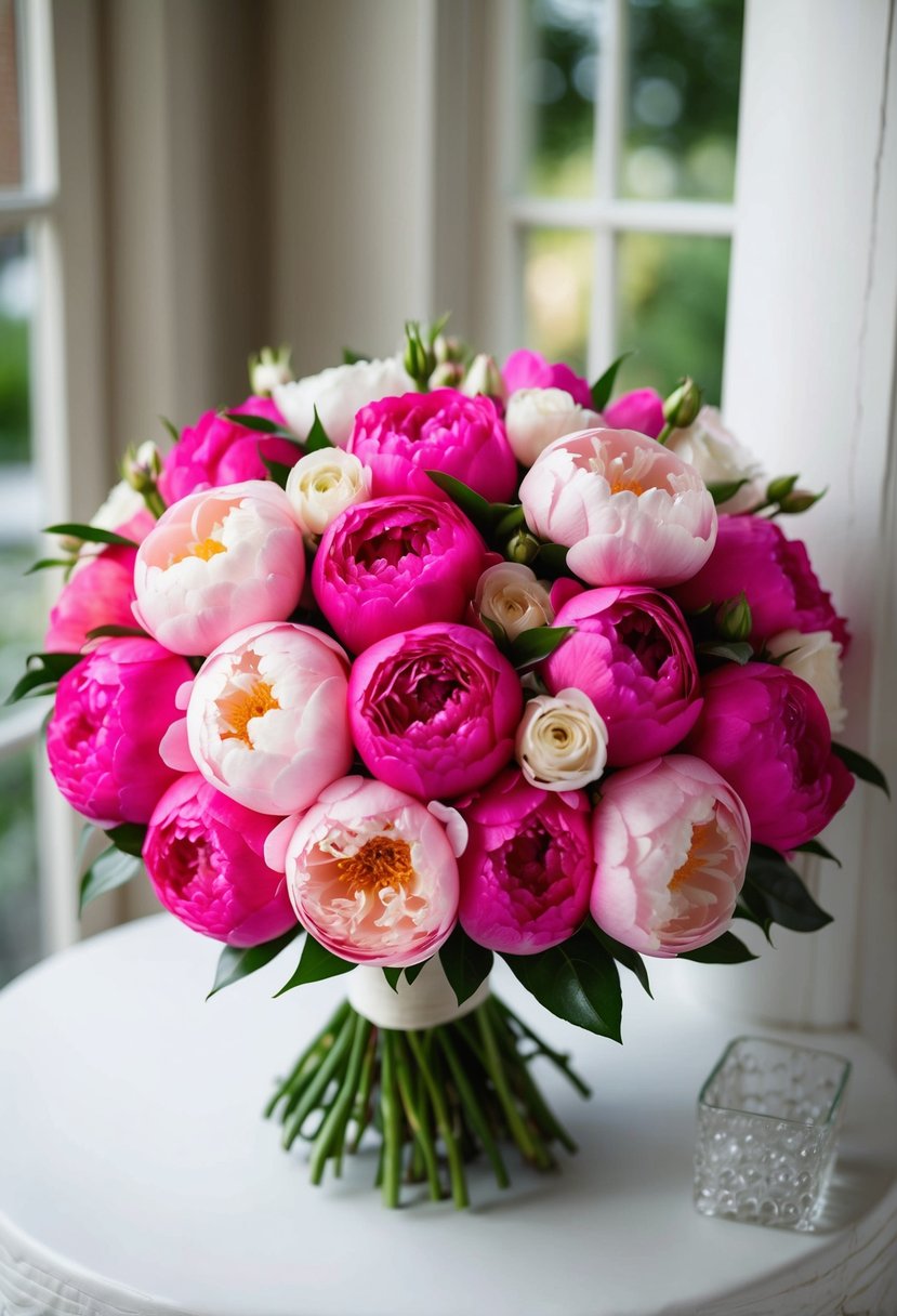 A lush bouquet of pink Akito roses and peonies, arranged in an elegant wedding bouquet