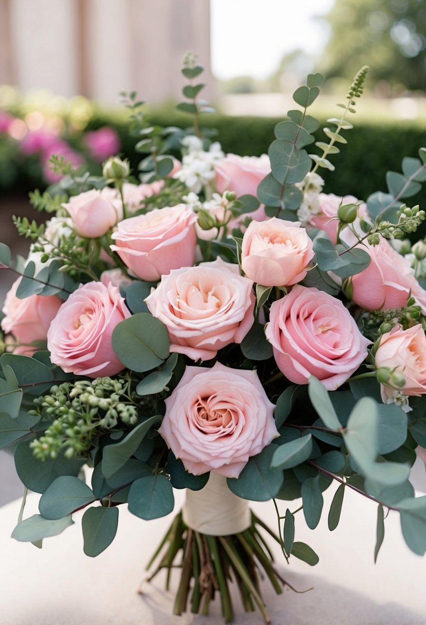 A lush bouquet of pink garden roses and eucalyptus, arranged in a romantic and elegant wedding bouquet