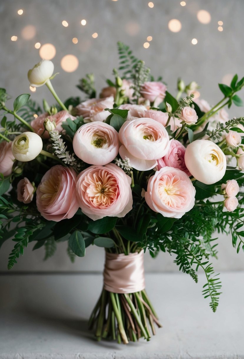 A bouquet of blush ranunculus and pink roses with greenery, arranged in a cascading style