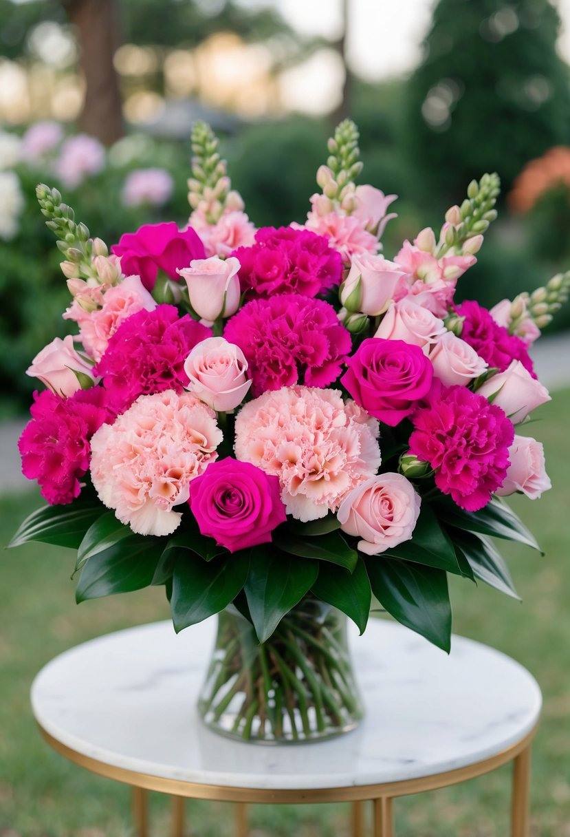 A bouquet of pink lisianthus, carnations, and roses arranged in a mix of colors and sizes, with green foliage