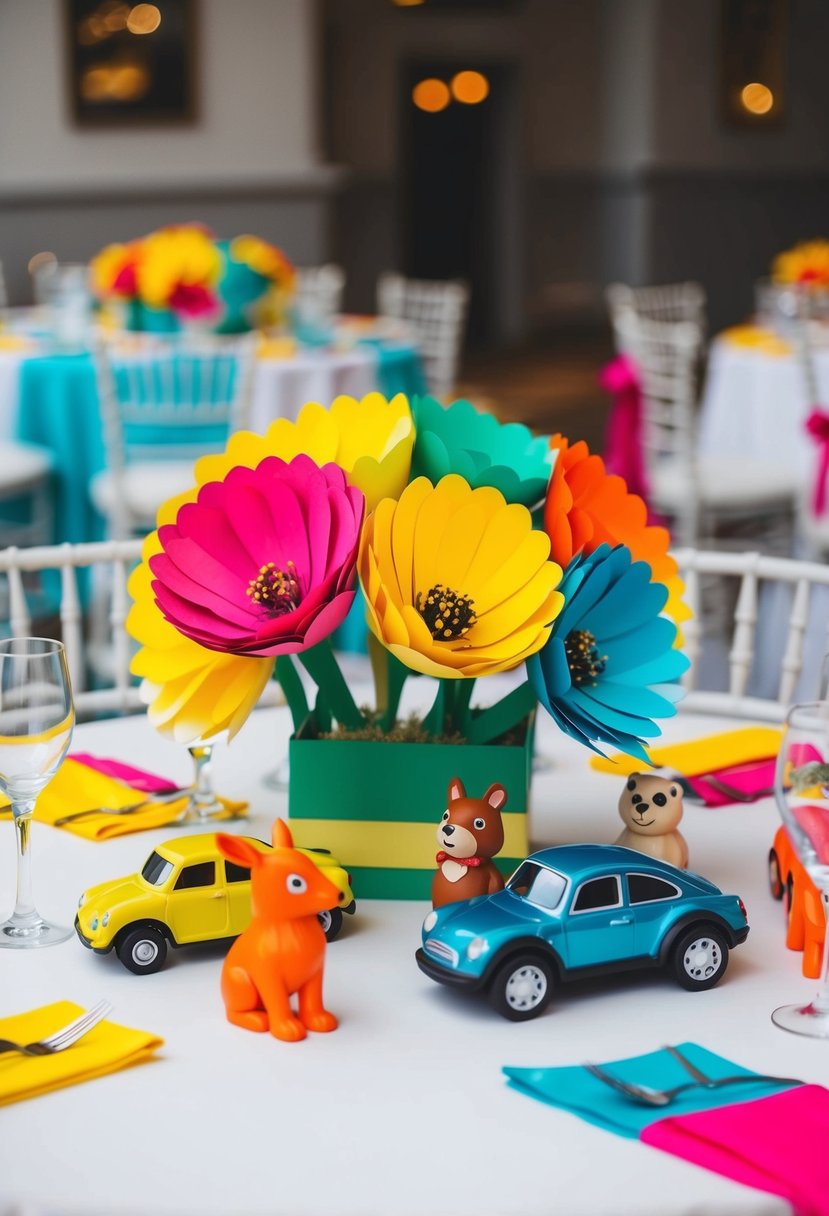 Colorful paper flowers, mini toy car centerpieces, and playful animal figurines adorn the kids' table at the wedding reception