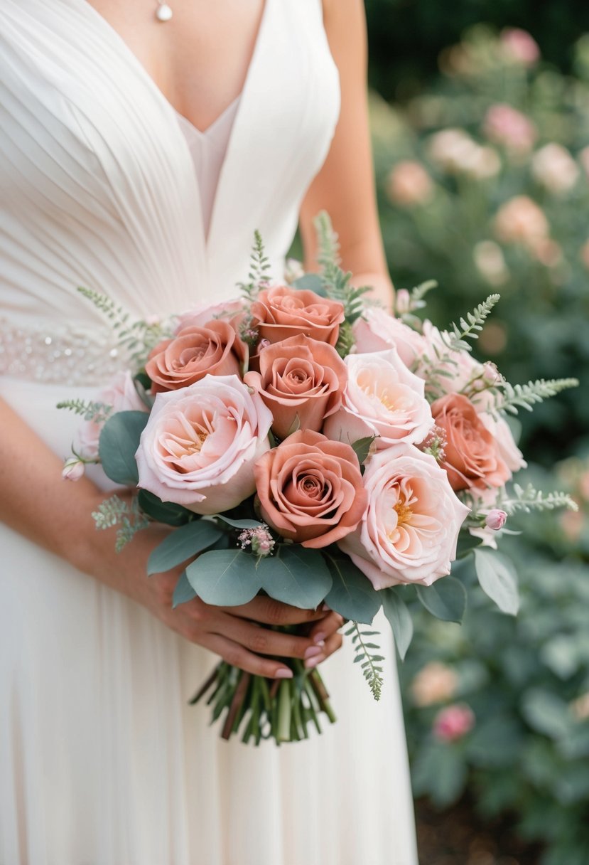 A delicate wedding bouquet of pastel terra cotta and pink roses