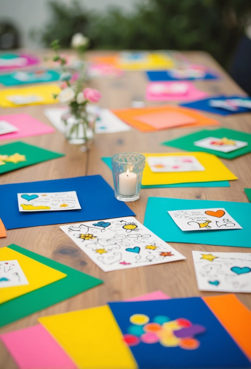 Colorful paper placemats scattered with wedding table doodles