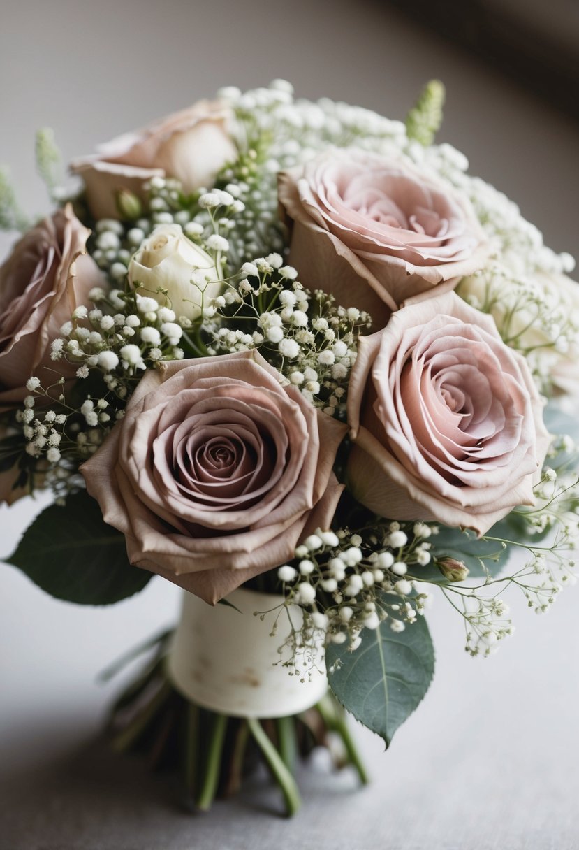 A delicate arrangement of dusty rose and baby's breath, creating a soft and romantic wedding bouquet