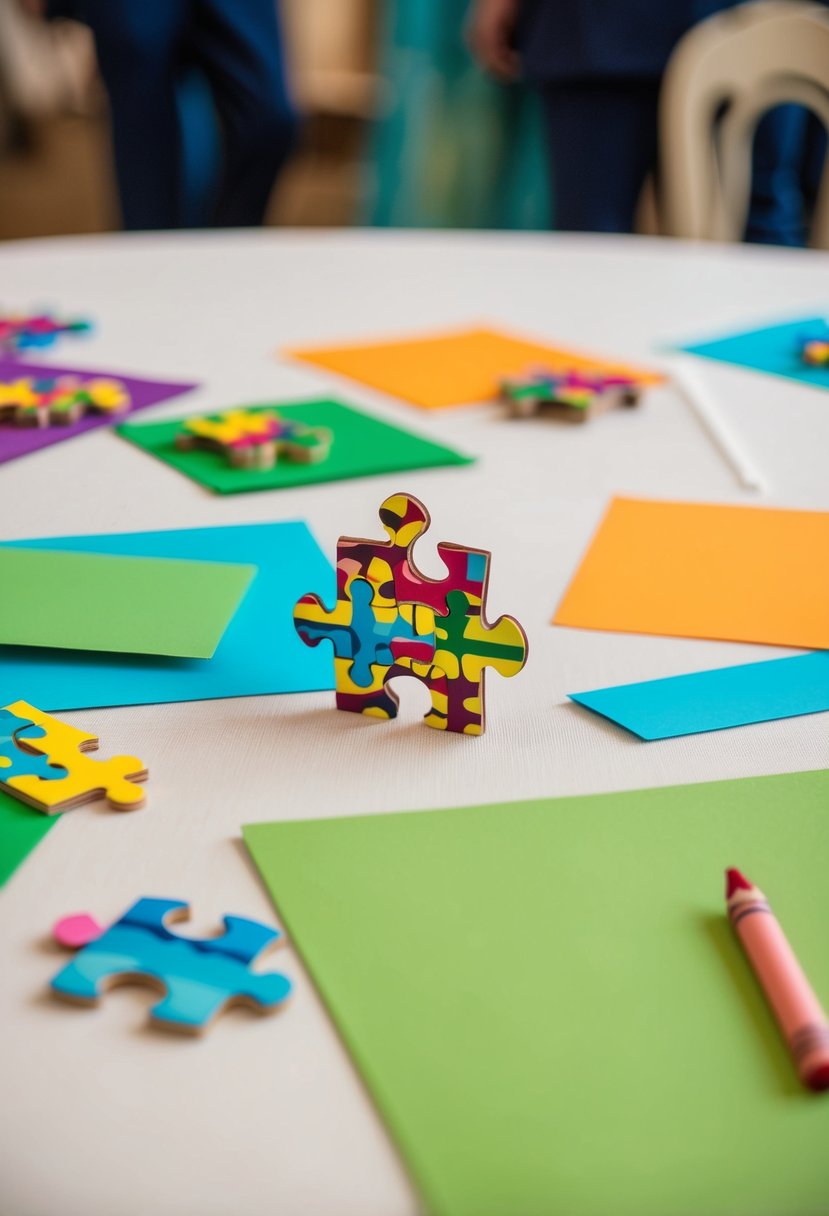 Mini puzzle sets scattered on wedding table with colorful paper and crayons