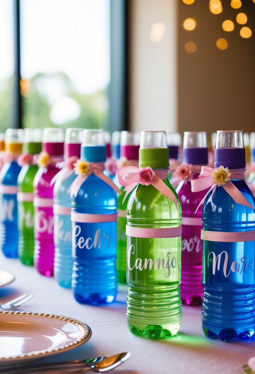 Colorful water bottles with custom names, adorned with ribbons and flowers, arranged on a kids' table at a wedding reception