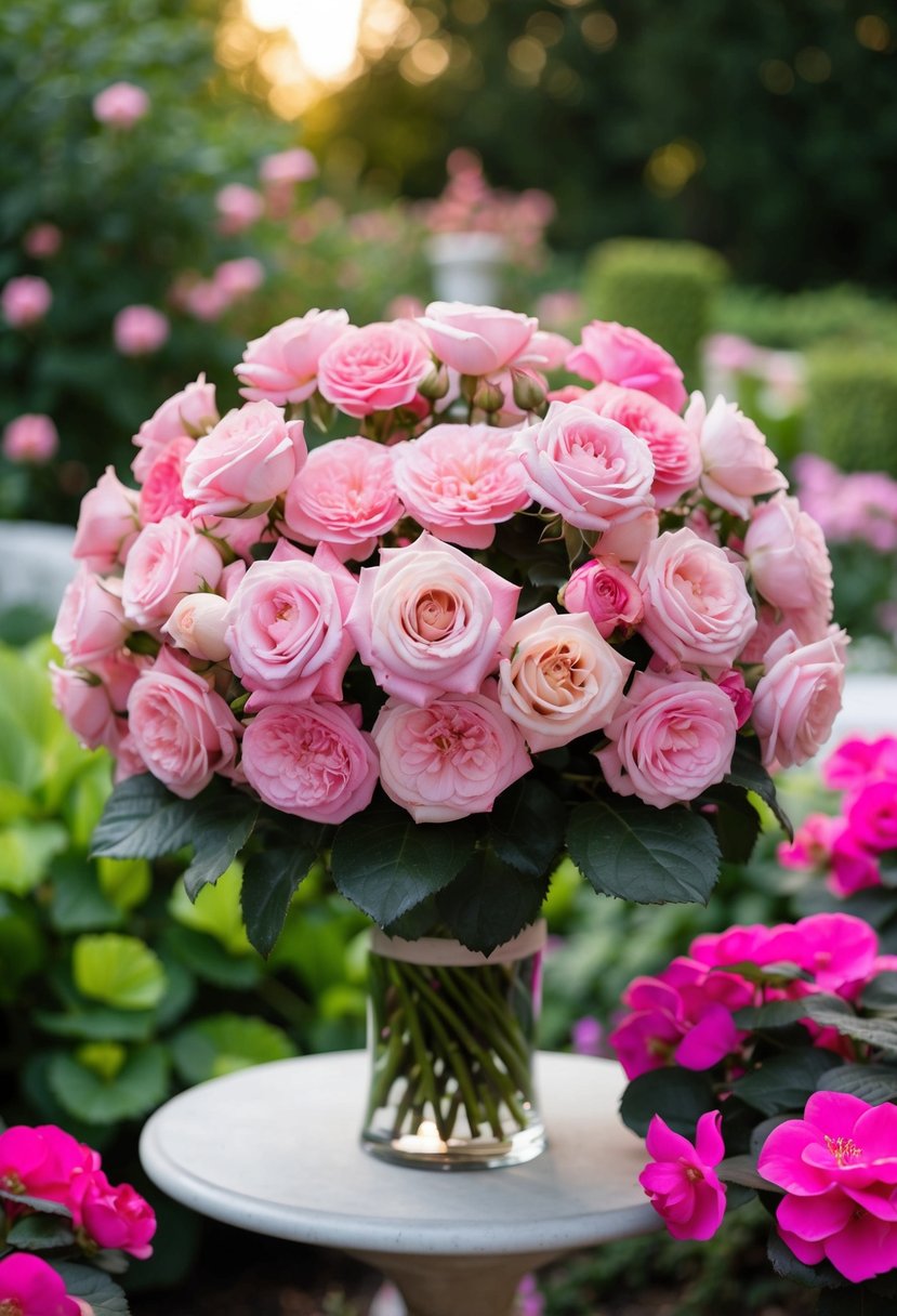 A lush bouquet of pink roses and begonias in a romantic garden setting