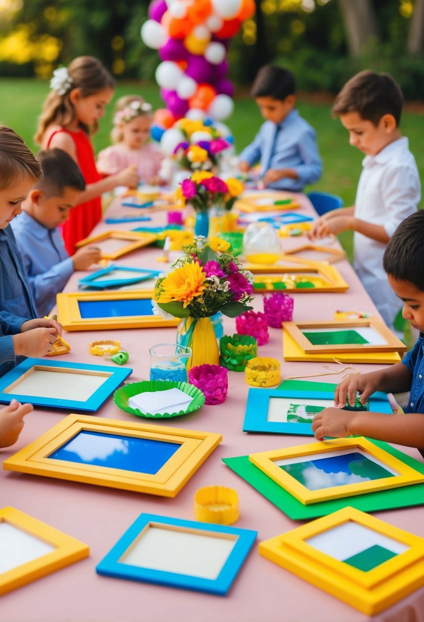 A table scattered with DIY picture frame craft kits, surrounded by colorful wedding table decorations, with kids eagerly working on their creations