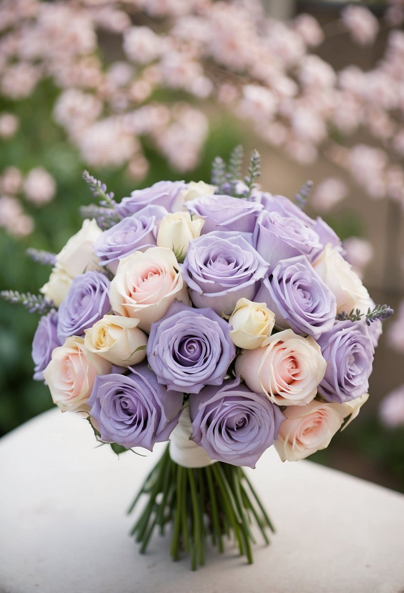 A bouquet of lavender and light pink roses arranged in a delicate and elegant wedding bouquet