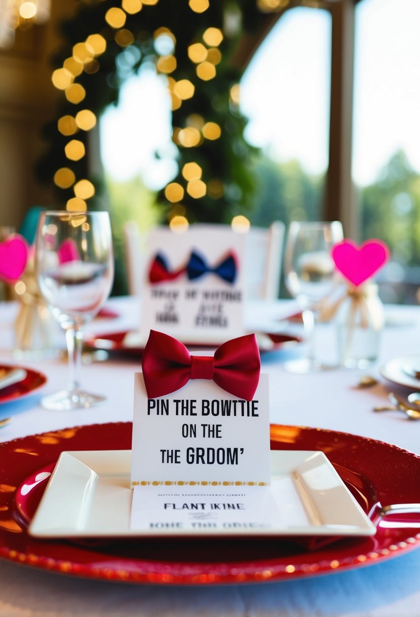 A festive wedding table with a playful "Pin the Bowtie on the Groom" game set up for kids to enjoy