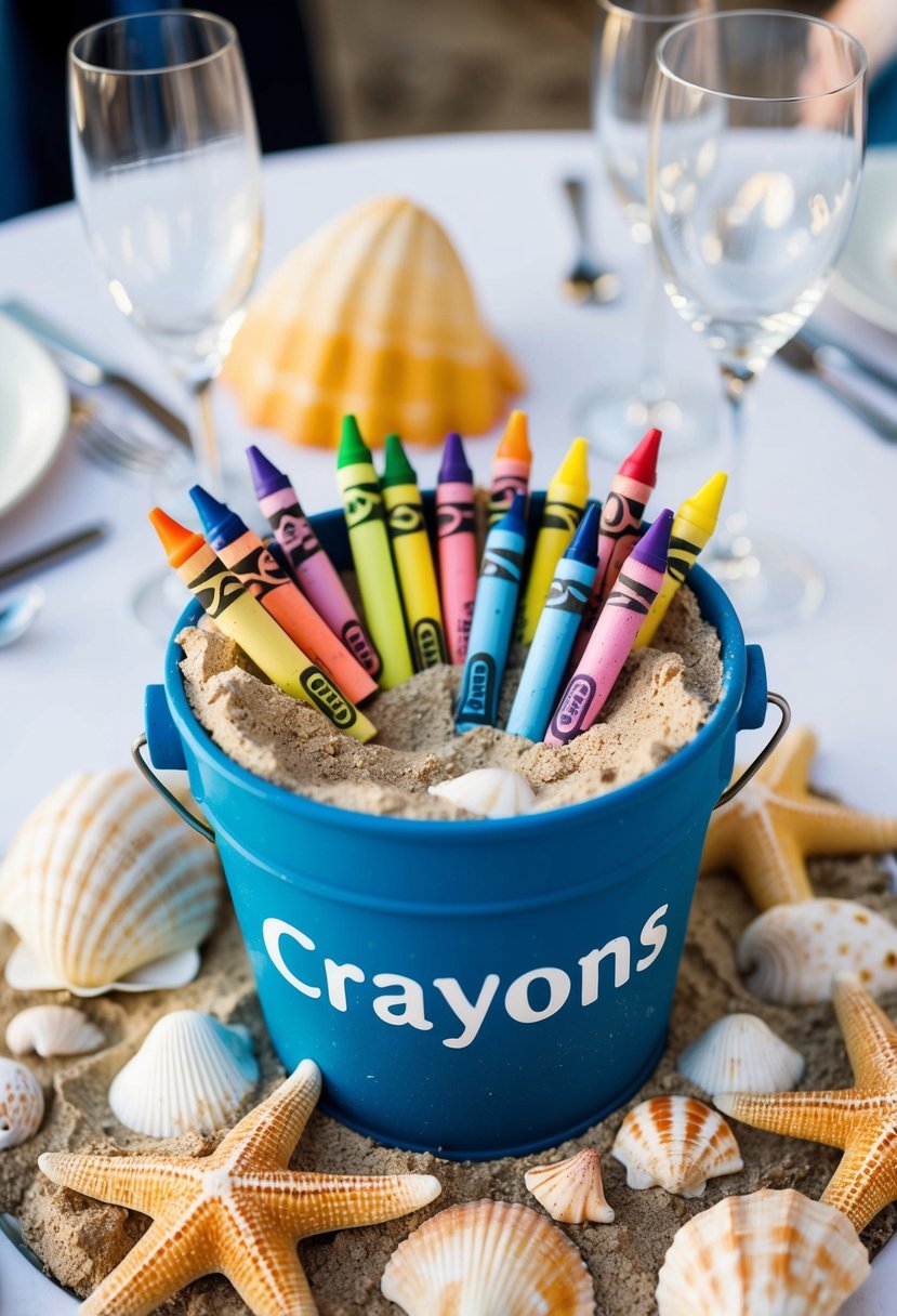 A sandbucket filled with crayons, nestled among seashells and starfish, serves as a whimsical wedding table decoration for kids