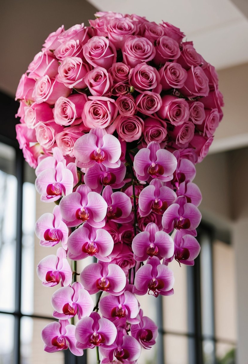 A cascading bouquet of pink roses and orchids