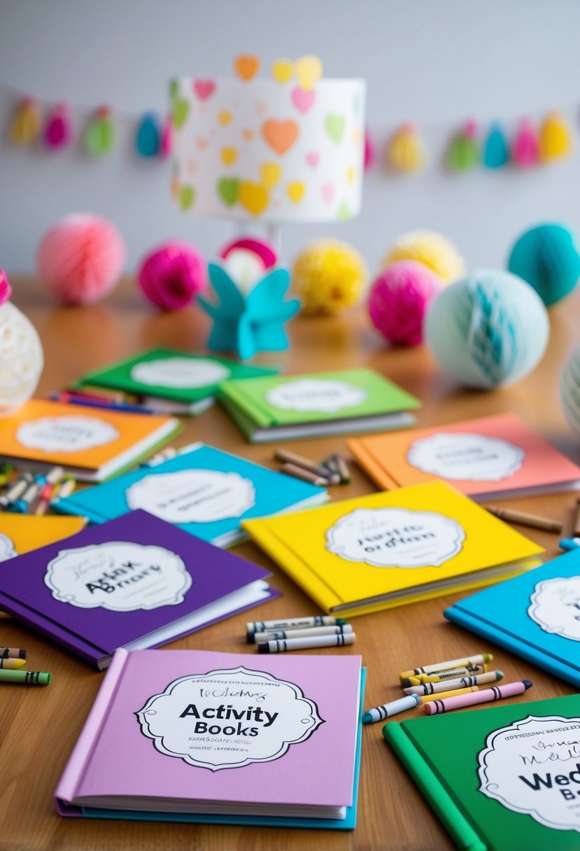 Colorful wedding-themed activity books scattered on a table, surrounded by crayons and markers. Small paper wedding decorations and kid-friendly favors arranged in the background