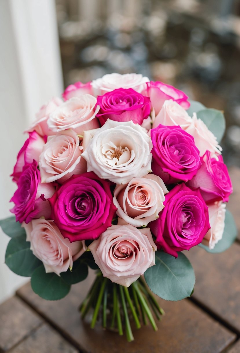 A monochromatic blush rose bouquet, with various shades of pink roses arranged in an elegant wedding bouquet