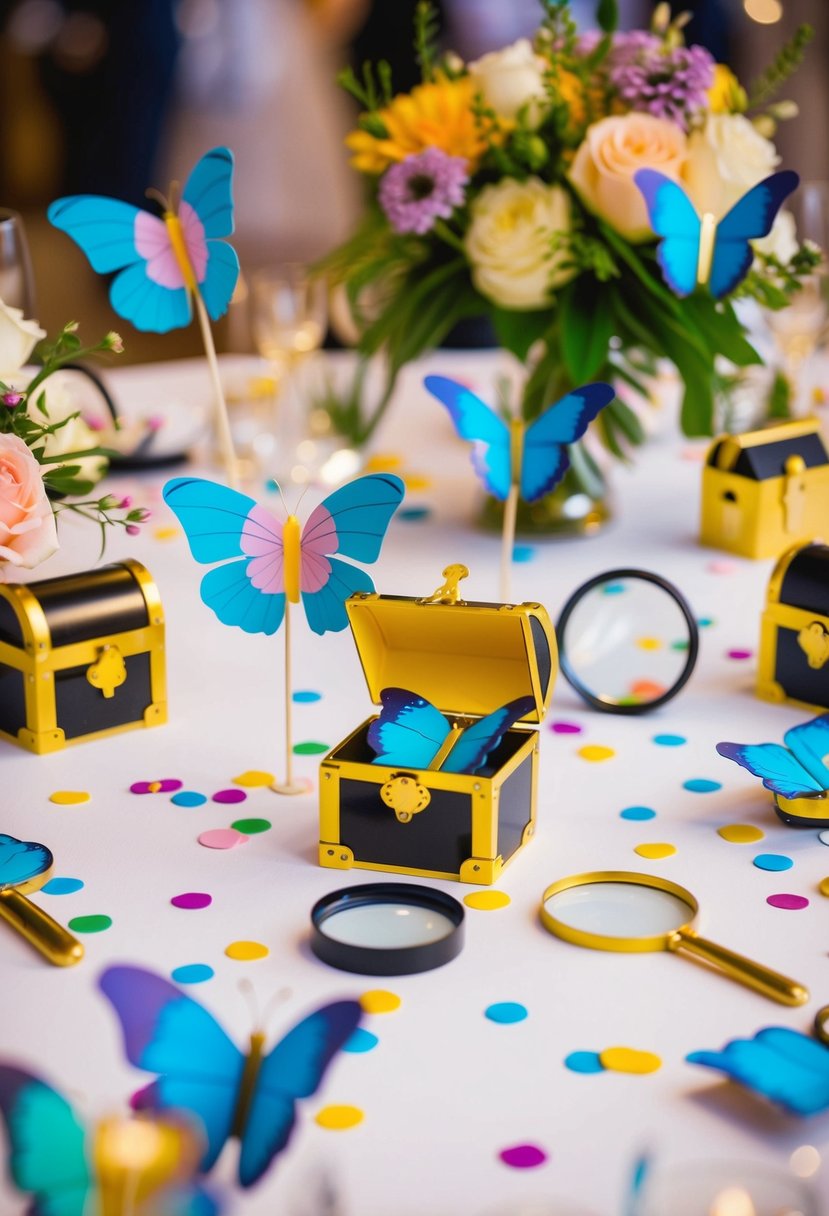 Colorful paper butterflies, mini treasure chests, and tiny magnifying glasses scattered among flower centerpieces and confetti on a wedding reception table