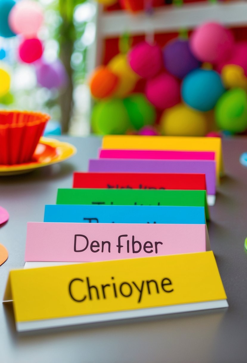 Colorful name cards arranged on a table with playful, kid-friendly decorations