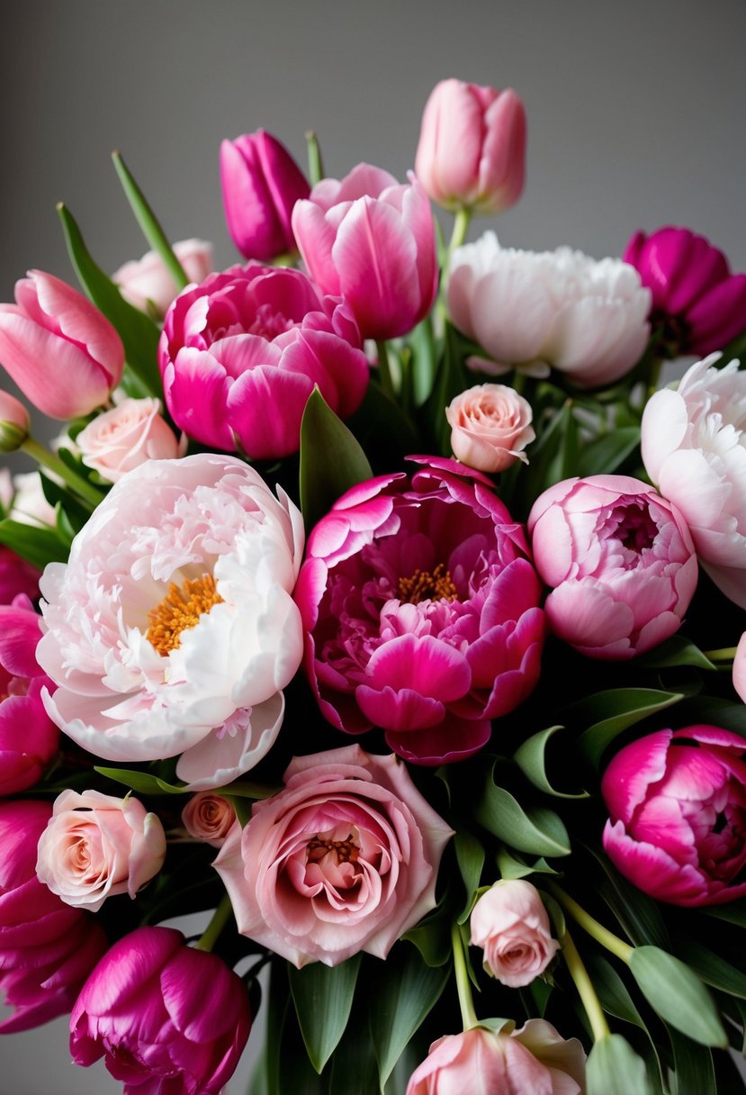 A lush bouquet of peonies, pink tulips, and roses in varying shades of pink, arranged in a cascading style