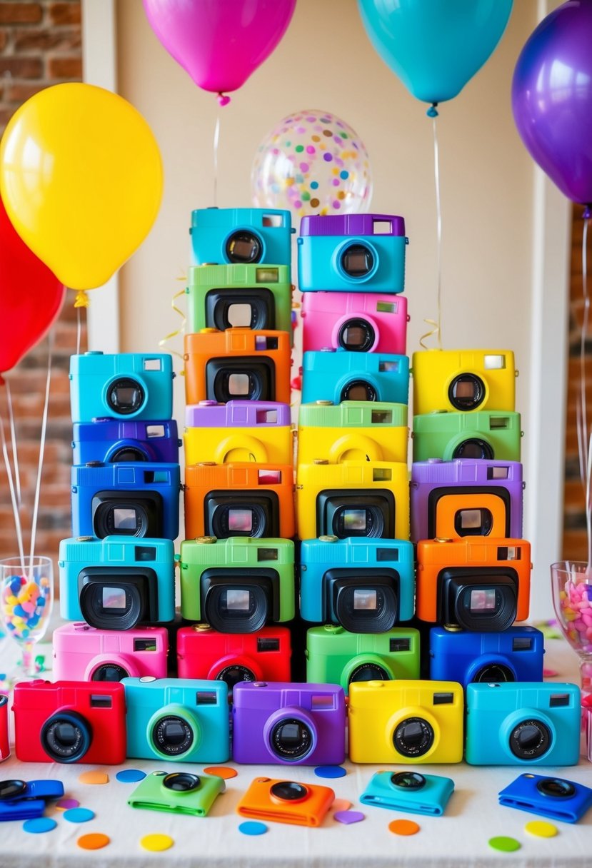 Colorful disposable cameras arranged in a playful display with confetti, balloons, and party favors for kids at a wedding table