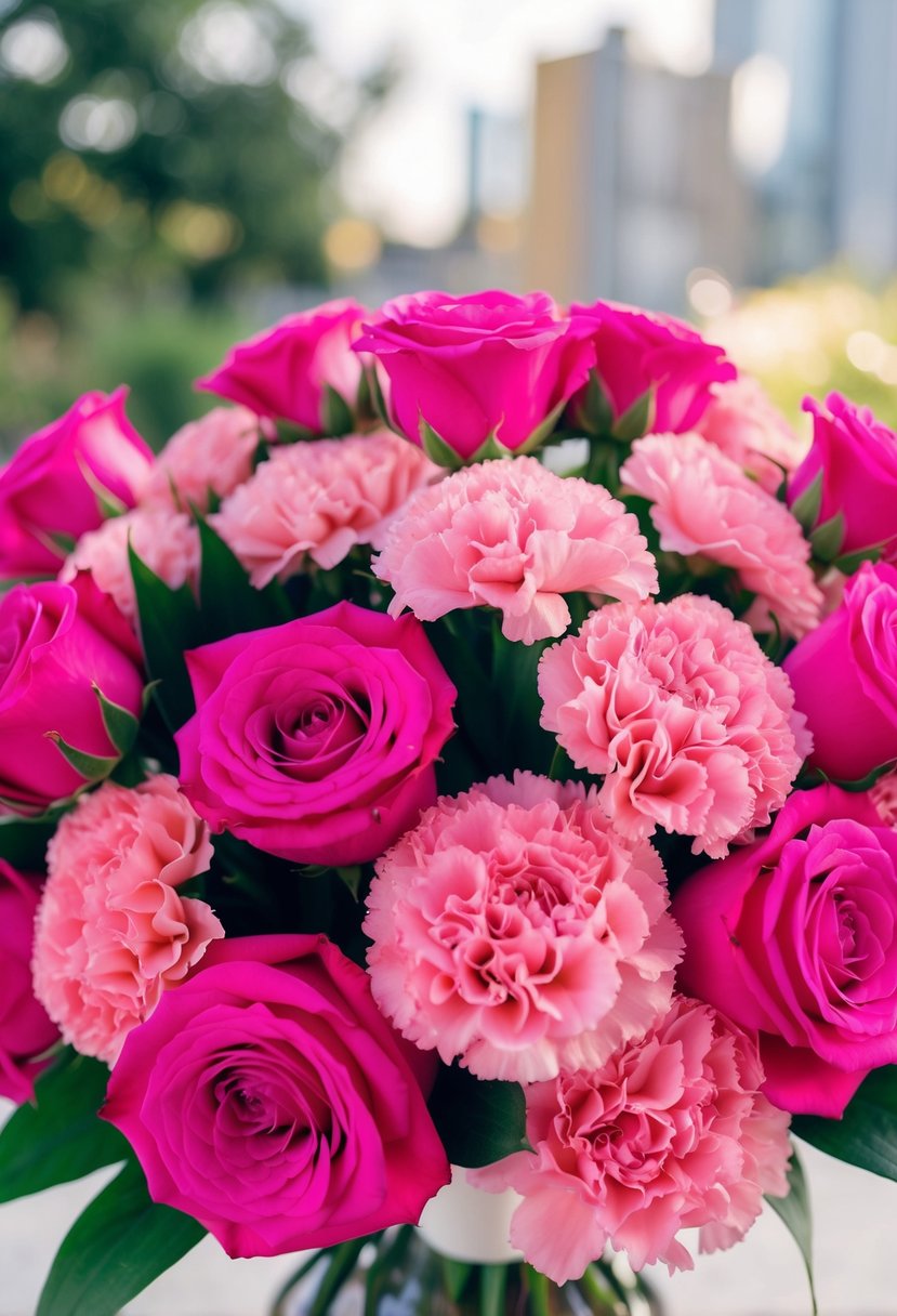 A vibrant bouquet of bright pink roses and carnations arranged in a wedding bouquet