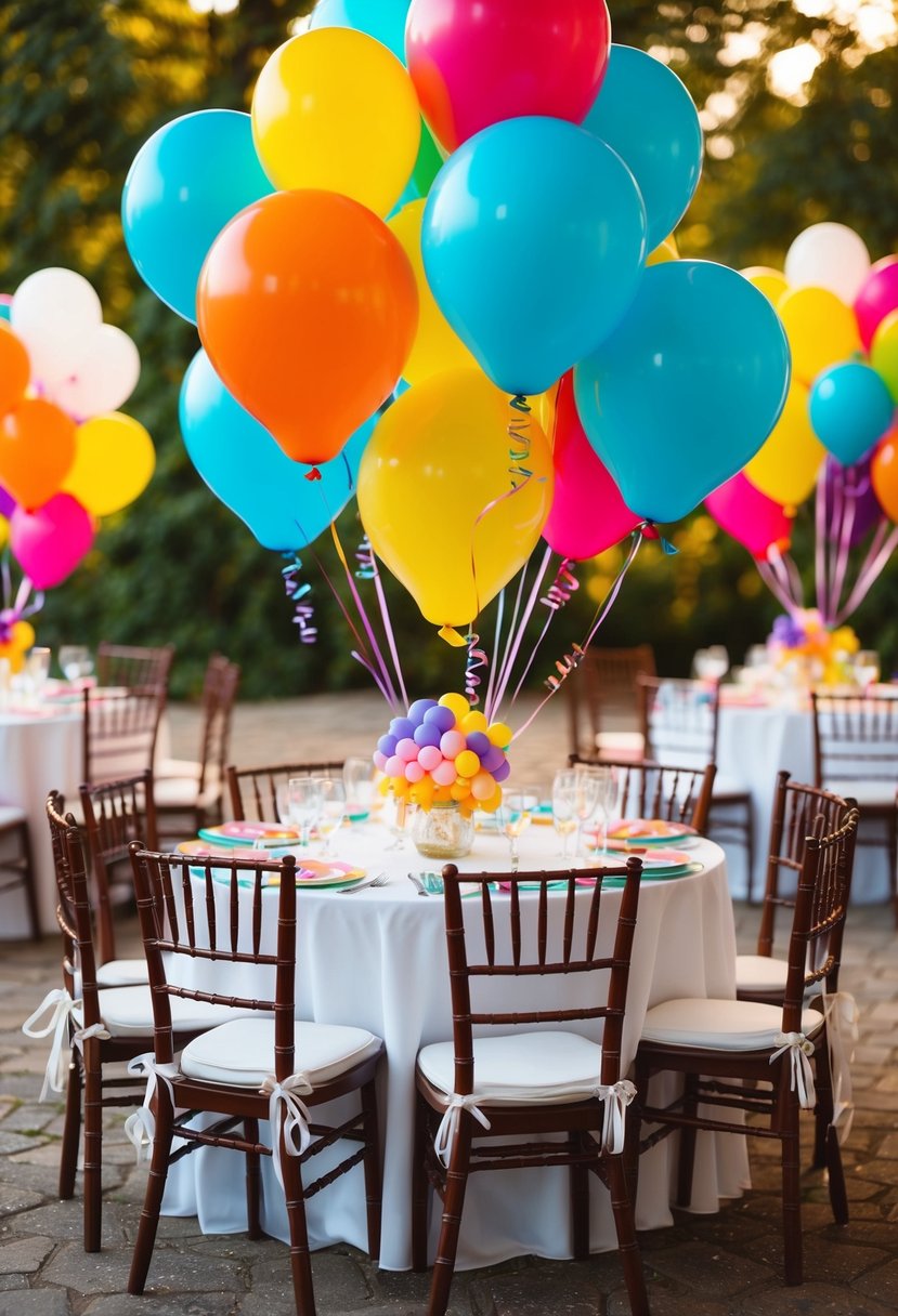 Colorful balloons tied to chairs, adorning a festive kids' wedding table