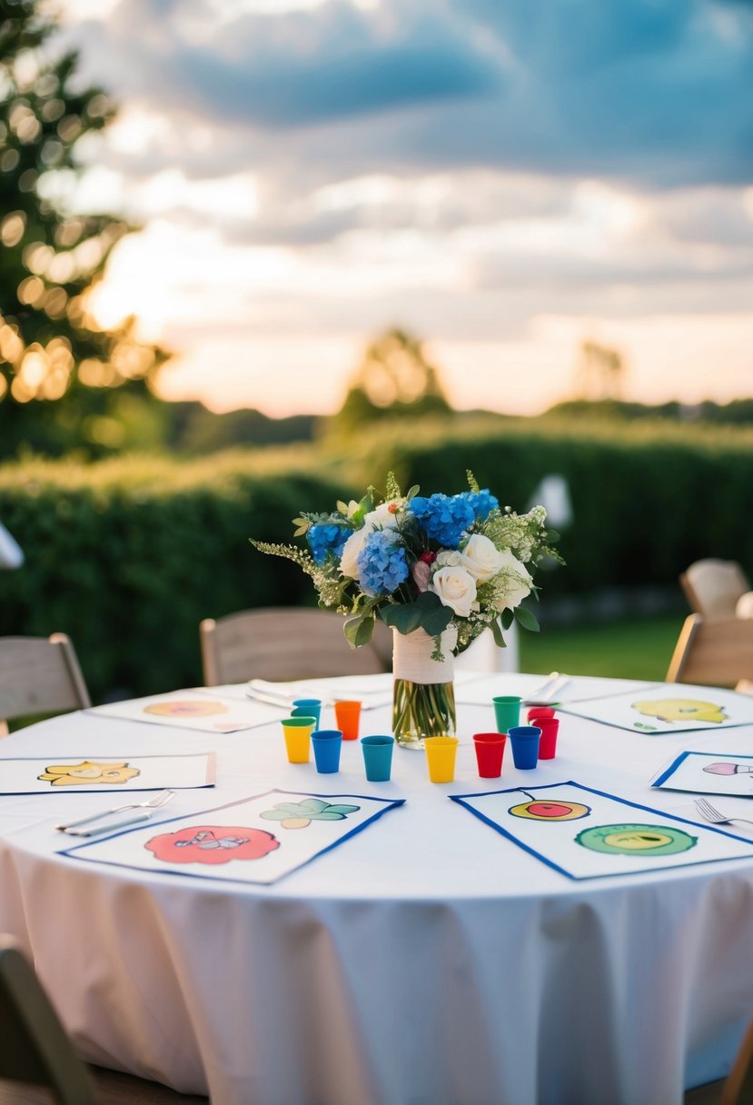 A wedding table with editable coloring tablecloths for kids