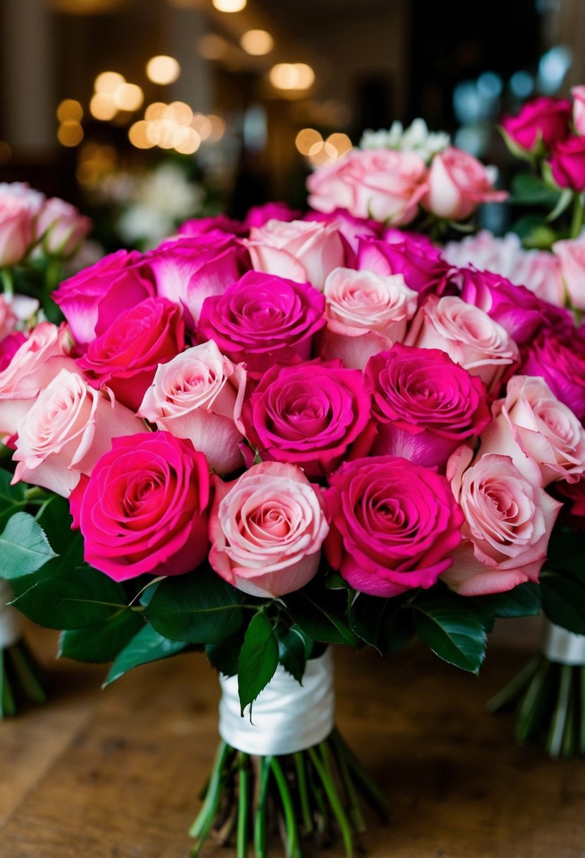 A vibrant display of multicolor pink roses arranged in a wedding bouquet