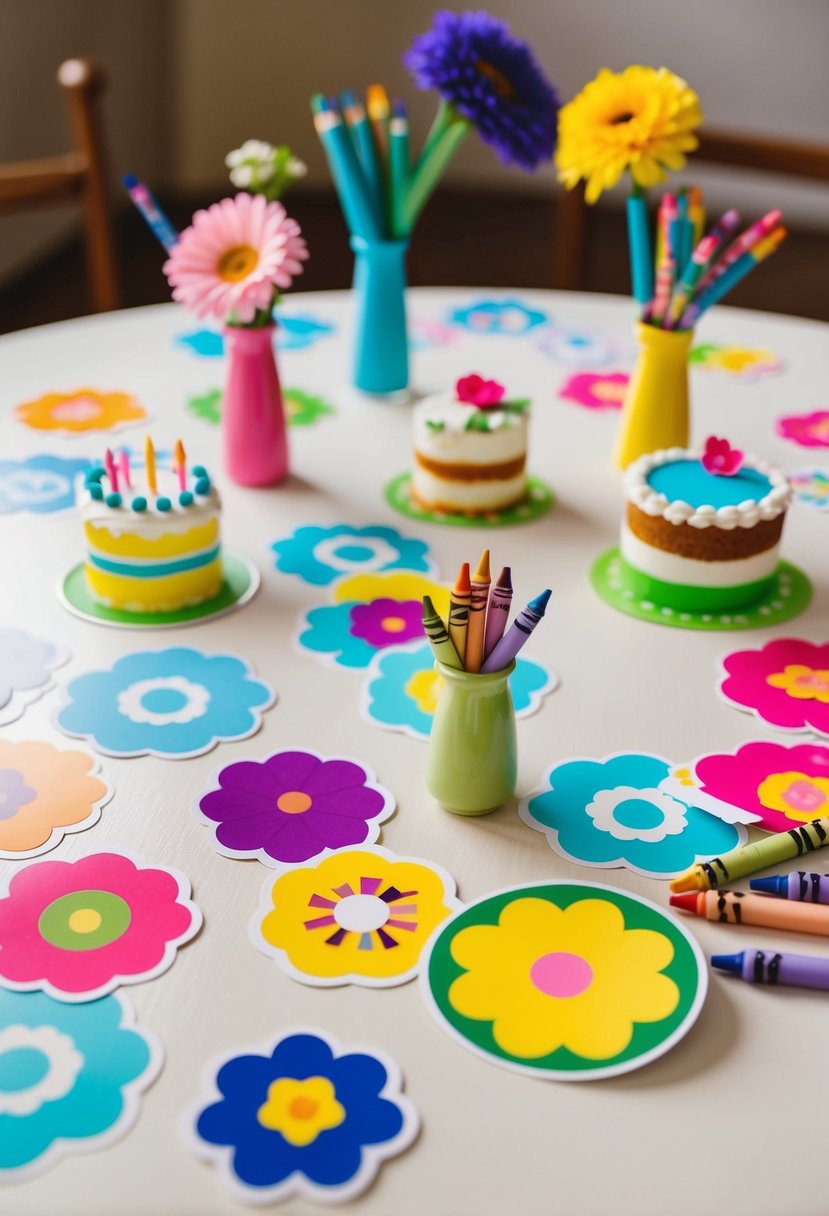 Colorful stickers of wedding cakes, flowers, and rings scattered on a table with small vases of crayons and paper for kids to decorate