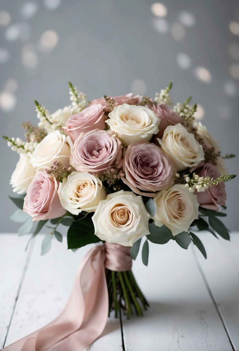 A delicate bouquet of soft cream and dusty rose pink roses arranged in a flowing, romantic style