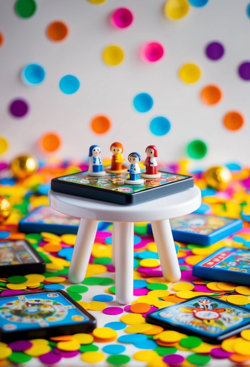 A small table adorned with tiny board games, surrounded by colorful confetti and playful decorations