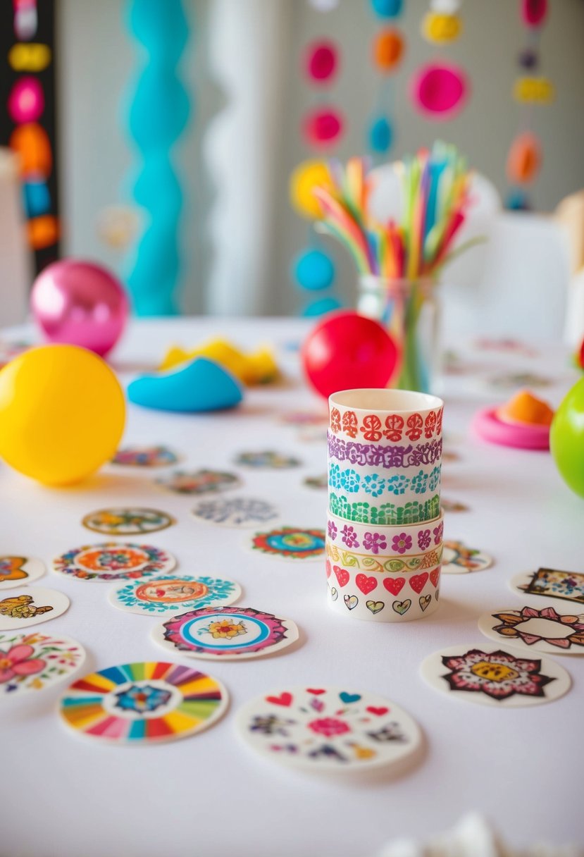 Colorful temporary tattoos scattered on a wedding table, surrounded by playful decorations for kids