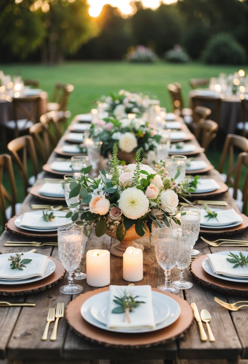 A rustic outdoor wedding table with floral centerpieces, elegant place settings, and soft candlelight