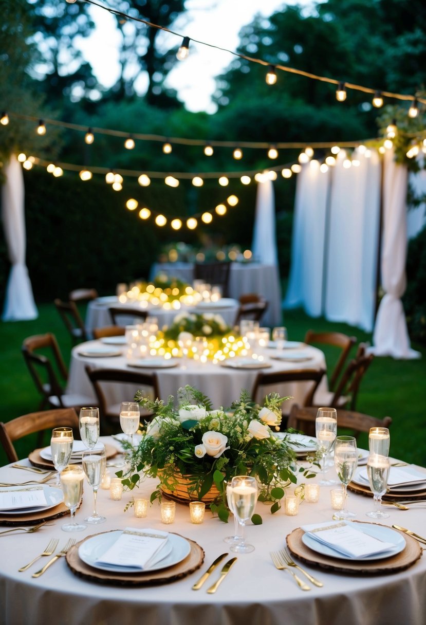 A garden table adorned with fairy light centerpieces illuminating an outdoor wedding reception