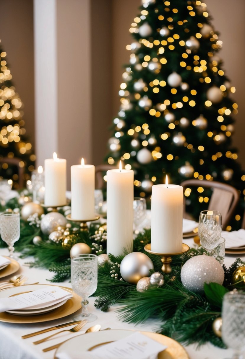 A festive Christmas wedding table with elegant white and gold decorations, including candles, greenery, and sparkling ornaments