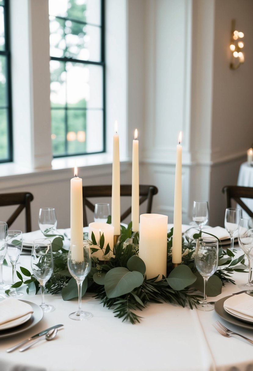 A table adorned with elegant greenery and delicate white candles, creating a minimalist and sophisticated wedding decor