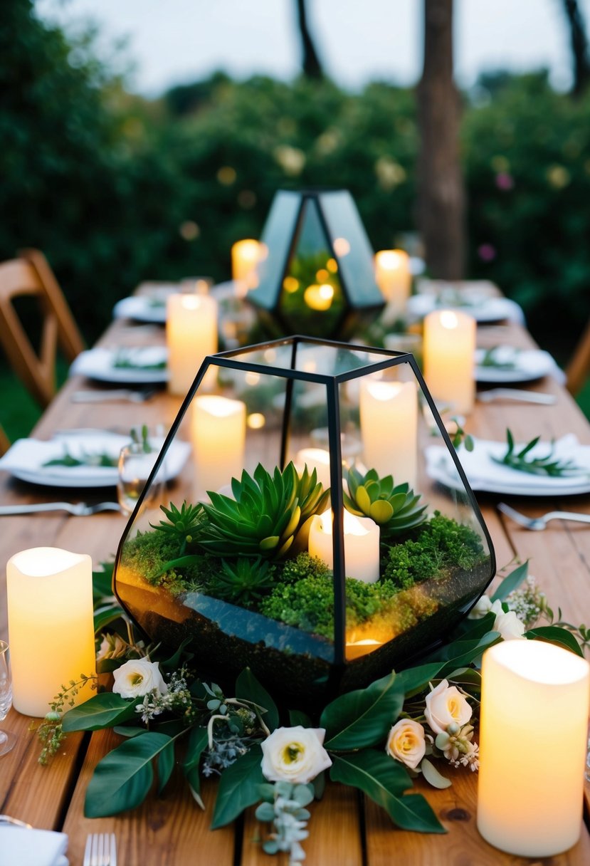 A lush, green terrarium centerpiece sits atop a wooden outdoor wedding table, surrounded by delicate flowers and glowing candles