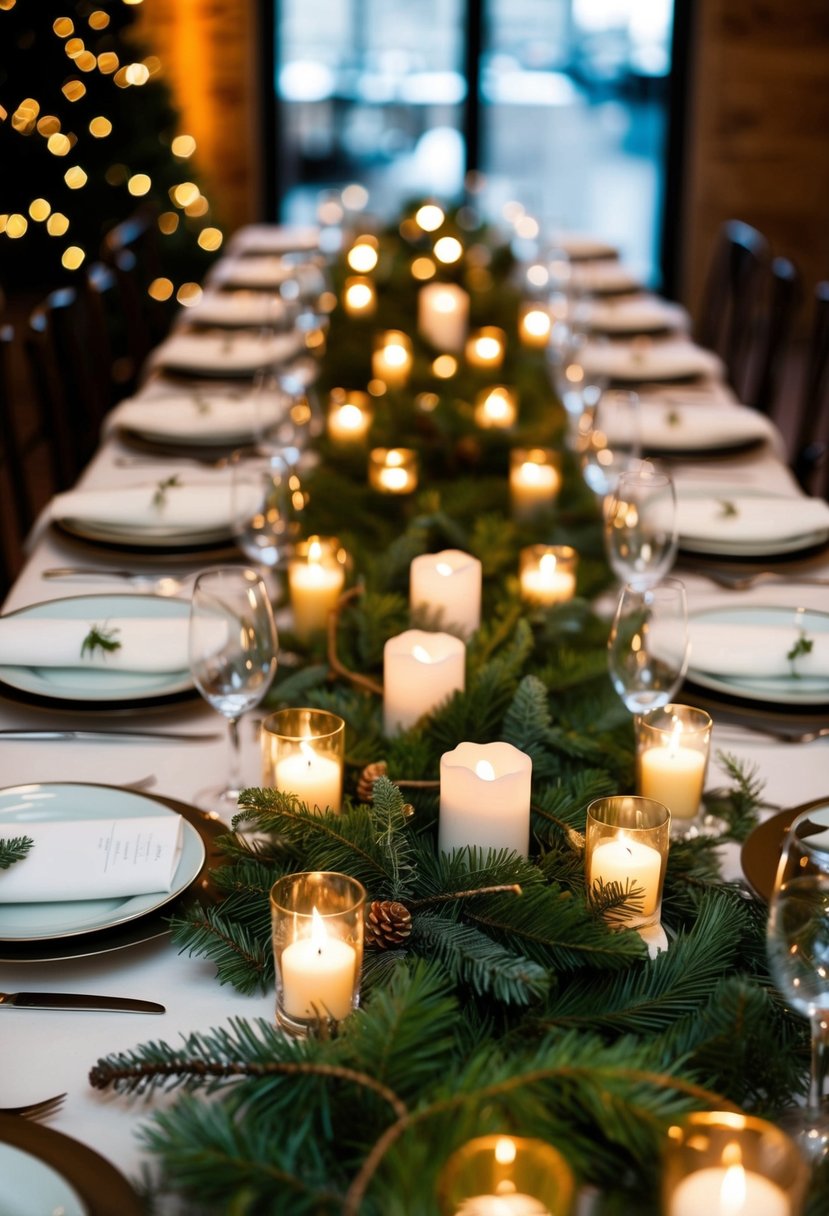 A table adorned with evergreen garlands intertwined with flickering candlelight, creating a warm and festive ambiance for a Christmas wedding celebration